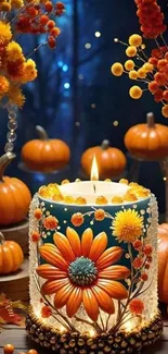 Autumn candle surrounded by pumpkins and leaves.