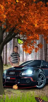 Black sports car under autumn tree with vibrant orange leaves in a forest setting.