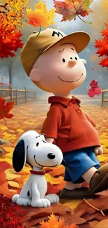 Cartoon characters walking in autumn leaves.