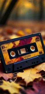 Cassette tape with autumn leaves background.