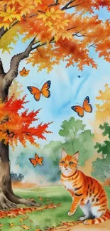 Autumn scene with a cat and butterflies among colorful fall foliage.