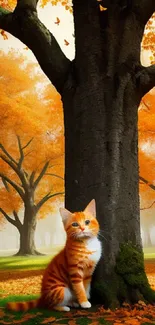 Orange cat by a tree in autumn scenery with vibrant leaves.