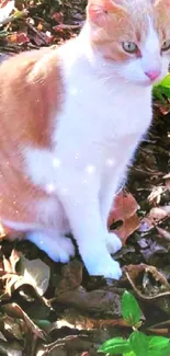 White and orange cat sitting on brown autumn leaves.