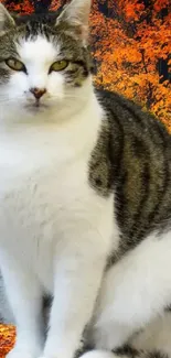 Cat sitting in a vibrant autumn forest with orange leaves.