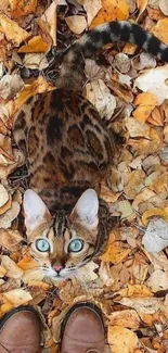 Bengal cat with blue eyes on autumn leaves.