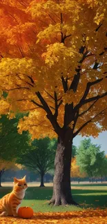 Orange cat sits under golden autumn tree with vibrant leaves.