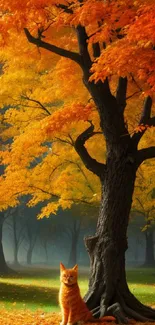 Orange cat sitting under an autumn tree with vibrant orange leaves.