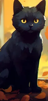 Adorable black cat with yellow eyes among autumn leaves.