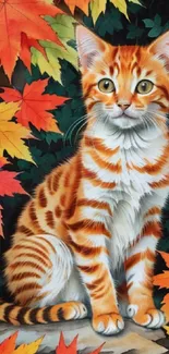 Cute tabby cat surrounded by colorful autumn leaves in a forest setting.