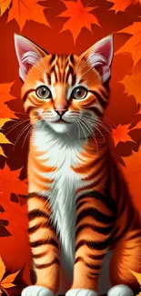 Adorable kitten amidst orange autumn leaves on mobile wallpaper.