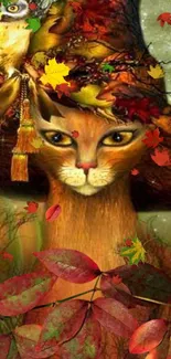 Mystical cat with owl and autumn leaves wallpaper.