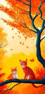 Two orange cats on a tree branch in an autumn forest scene.