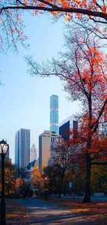 Vibrant autumn cityscape with towering skyscrapers and colorful foliage.