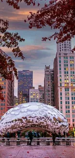 Autumn cityscape with Cloud Gate and skyscrapers in Chicago.