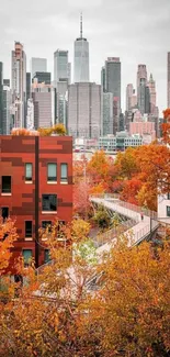 Vibrant city skyline with autumn leaves enhancing the urban landscape.