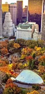 Autumn cityscape wallpaper with skyline and colorful trees.