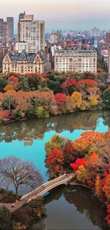 Autumn cityscape with vibrant foliage and serene waters in a city park scene.