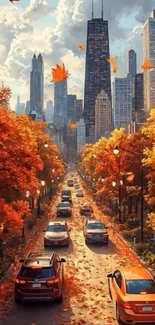 City street in autumn with colorful leaves and skyscrapers.