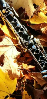 Clarinet resting on vibrant autumn leaves.