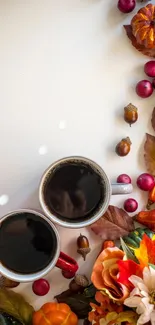 Autumn-themed wallpaper with coffee cups and pumpkins.