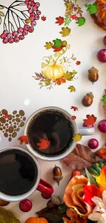 Autumn-themed wallpaper with coffee cups and colorful leaves.