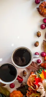 Autumn wallpaper with coffee, pumpkins, and leaves on a white background.