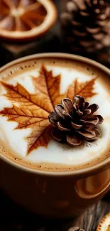 Coffee with autumn leaf and pinecone design