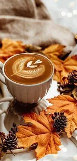 Coffee cup with latte art surrounded by autumn leaves and bokeh lights.