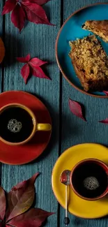 Autumn coffee wallpaper with colorful leaves and vibrant plates.