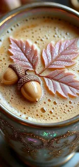 A coffee cup with maple leaves and acorns foam art.