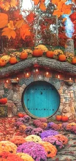 Whimsical cottage with autumn leaves, pumpkins, and colorful flowers.