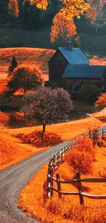 Scenic autumn country road with orange foliage and rustic barn wallpaper.