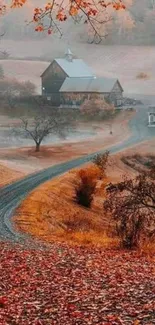 Beautiful autumn countryside with barn and winding road