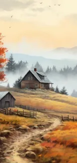 Rustic autumn landscape with cottages and vibrant foliage.