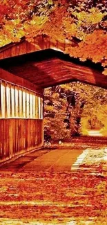 Autumn covered bridge with vibrant orange foliage.