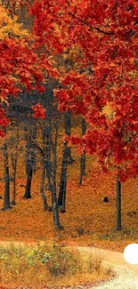 Autumn forest path with red foliage.