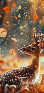 Majestic deer surrounded by autumn leaves in a forest.