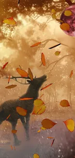 Deer stands under moon with falling autumn leaves.