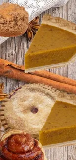 Delightful autumn dessert wallpaper with pumpkin pie and spices on display.