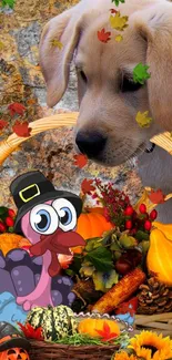 Cute puppy and turkey in an autumn-themed mobile wallpaper.