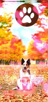 Dog sitting on autumn leaves path with vibrant fall colors.