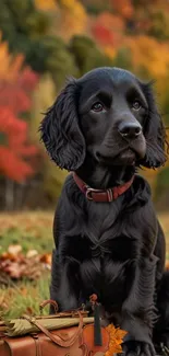 Black dog with autumn leaves background.
