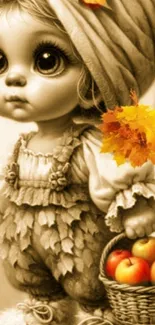 Vintage doll with apples and autumn leaves in sepia tones.