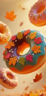 Colorful autumn donuts with fall leaves in vibrant hues.