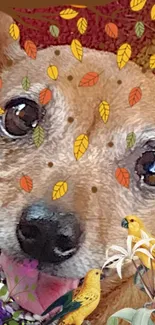 Animated wallpaper of a smiling dog with autumn leaves and birds.