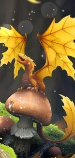 Fantasy art of a dragon with leaf wings sitting on a mushroom in an autumn forest.