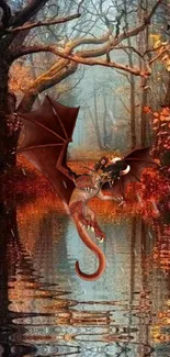 Majestic dragon flying in autumn forest with red foliage and serene stream.