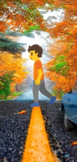 Scenic autumn road with orange foliage and blue vintage car.