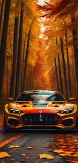 Orange sports car on autumn road with vibrant leaves.