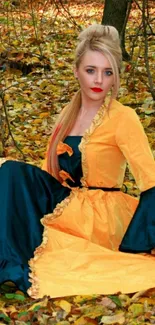 Woman in orange gown amidst autumn leaves.